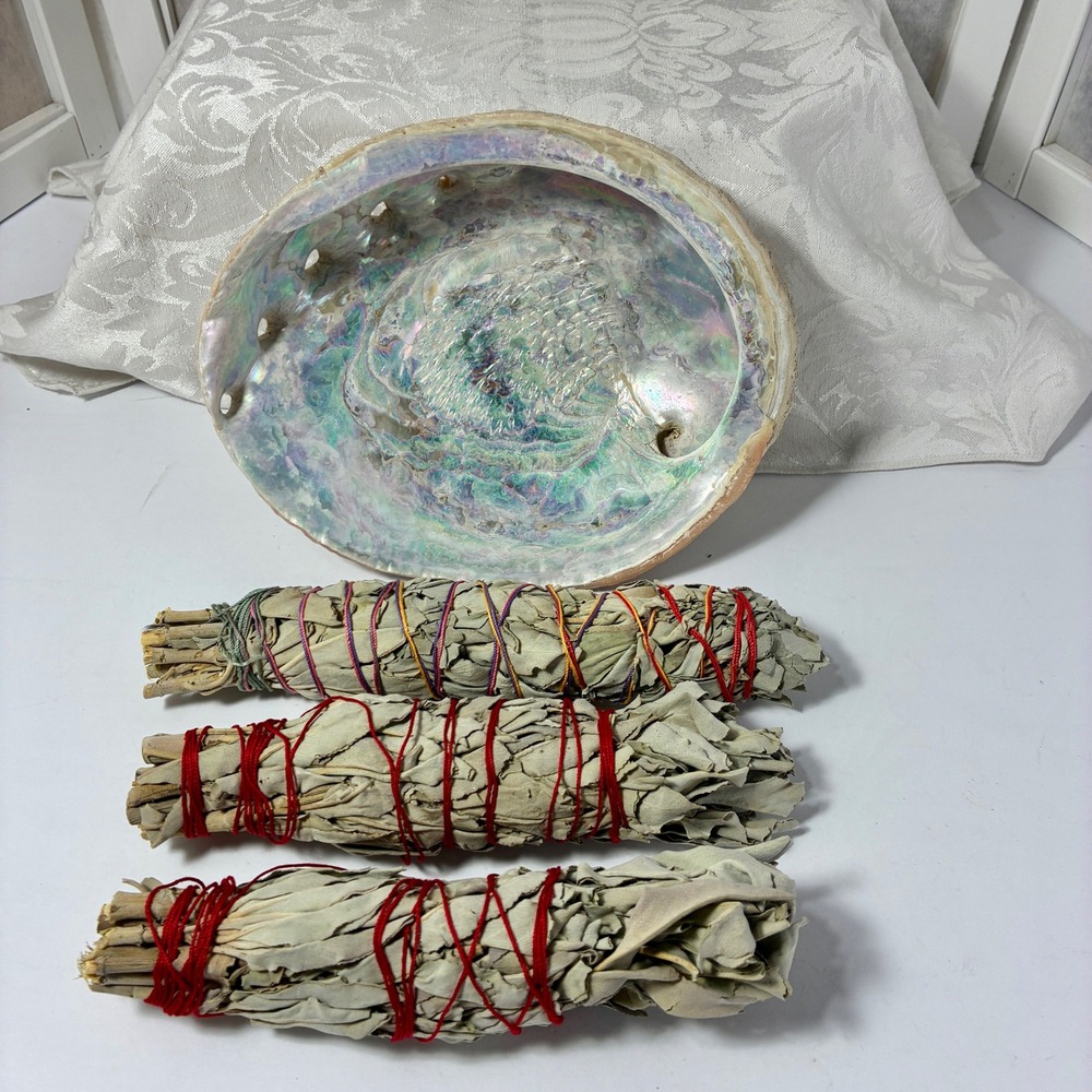 Vintage Abalone Shell and White Sage Smudge Sticks Set Iridescent Ritual Decor